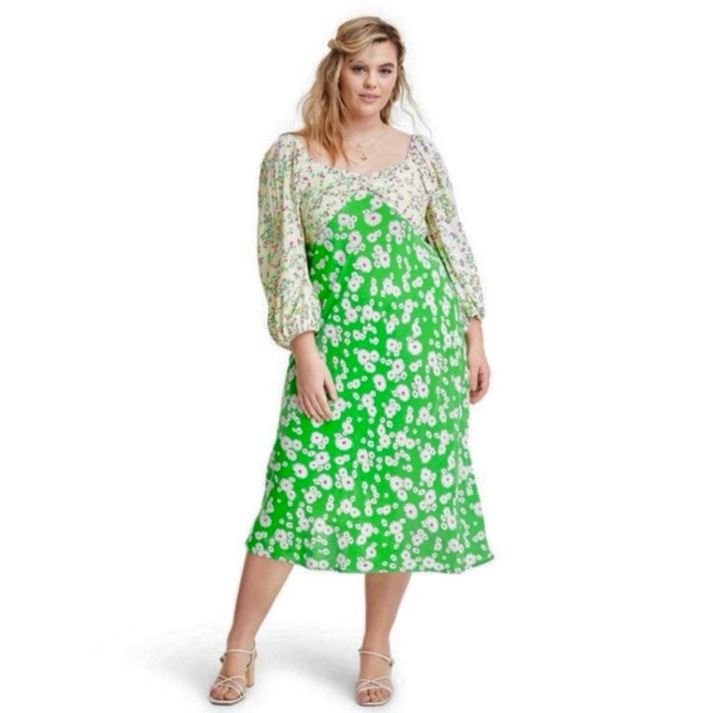 Rixo Green Floral Midi Dress Puff Sleeve 16W/18W